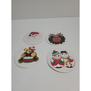 Vtg‎ 90s Set Of 4 Christmas Coasters 4" Round